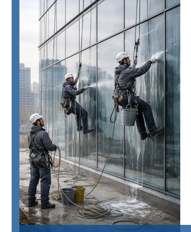 Промышленная мойка панорамных окон на высоте в Кстове