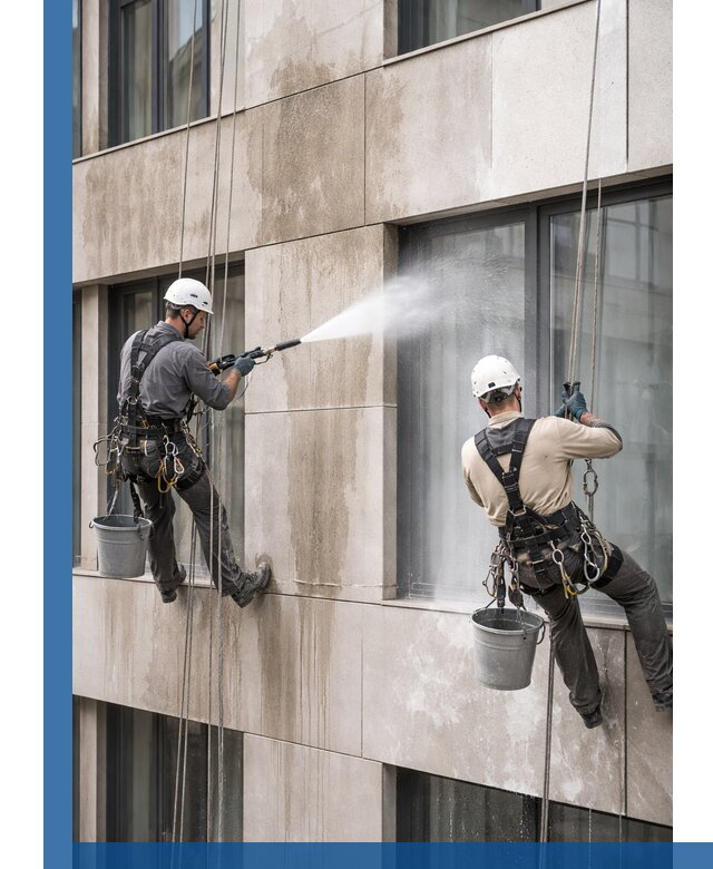 Послестроительная мойка фасада промышленным альпинизмом в Кстове