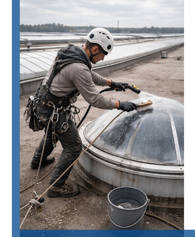 Мойка зенитных фонарей на кровле для промышленных объектов в Кстове