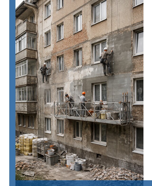 Капитальный ремонт фасада в Кстове с восстановлением и гидроизоляцией