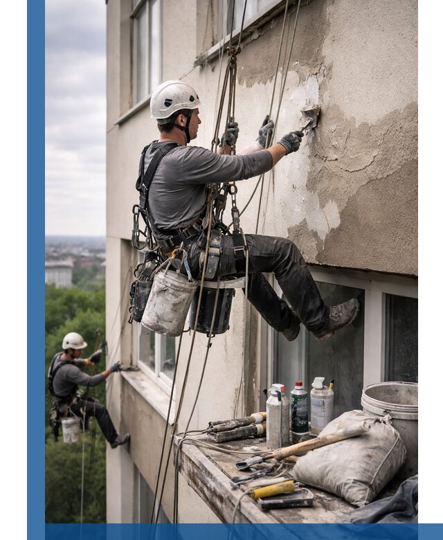 Косметический ремонт фасада зданий в Кстове промышленными альпинистами