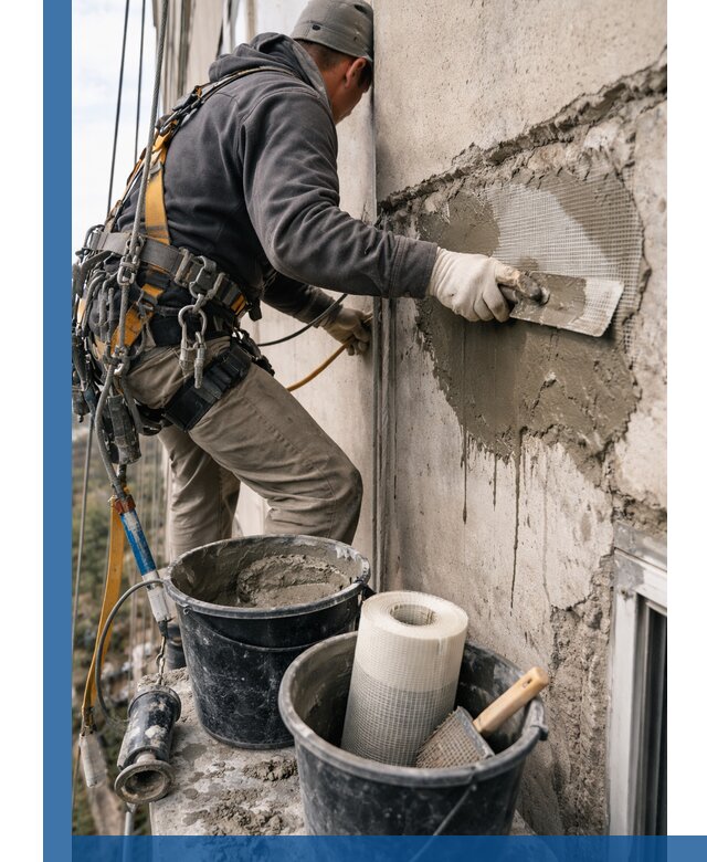 Ремонт бетонных элементов фасада промышленными альпинистами в Кстове