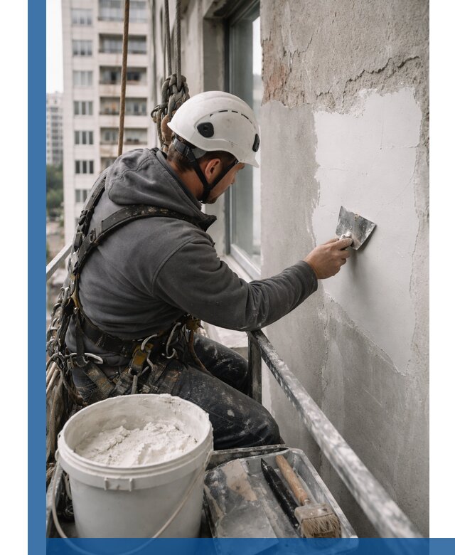 Шпаклевка фасадов на высоте с промальпинистами в Кстове