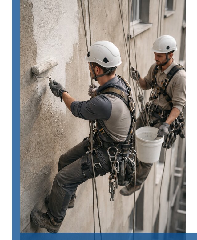 Грунтовка фасада на высоте в Кстове промышленными альпинистами