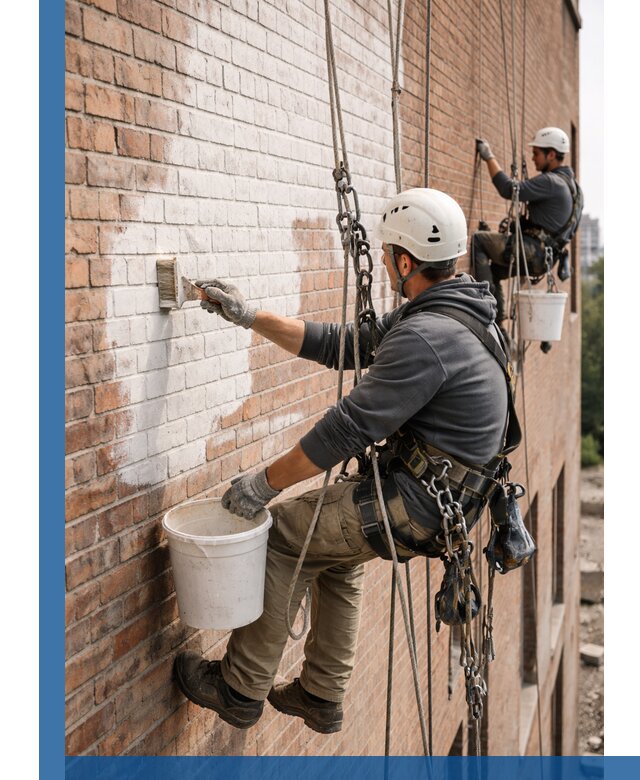 Покраска кирпичного фасада с доступным альпинистским сервисом в Кстове