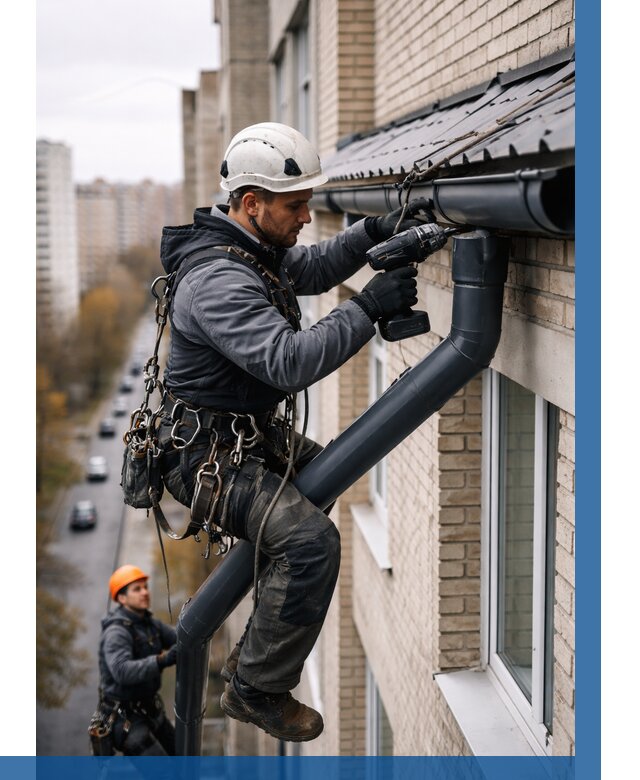 Монтаж водосточной системы на здании в Кстове от 5092 р. | ВЫСОТНИК-Ксв