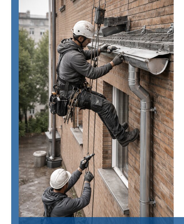 Монтаж водосточной системы на здании в Кстове под ключ