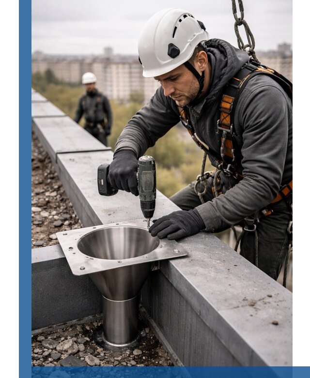 Монтаж водосточных воронок в Кстове для промышленных зданий