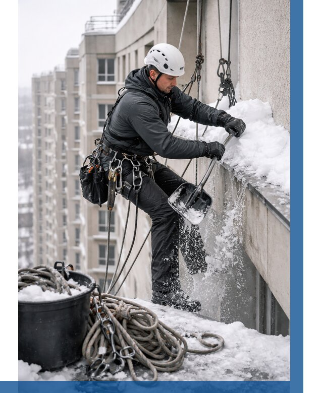 Очистка карнизов от снега в Кстове от 306 р. | ВЫСОТНИК-Ксв