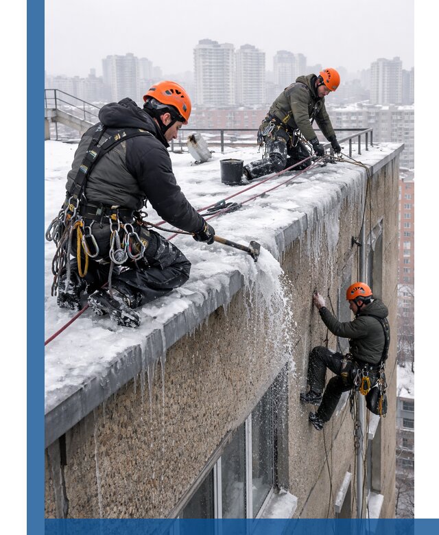 Удаление наледи с кровли в Кстове промышленными альпинистами