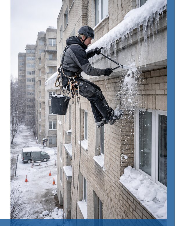 Удаление наледи с карнизов в Кстове от 356 р. | ВЫСОТНИК-Ксв