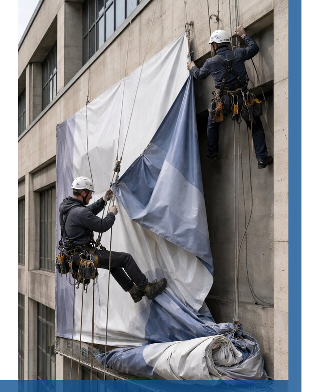 Демонтаж баннеров с фасада в Кстове от 4583 р. | ВЫСОТНИК-Ксв