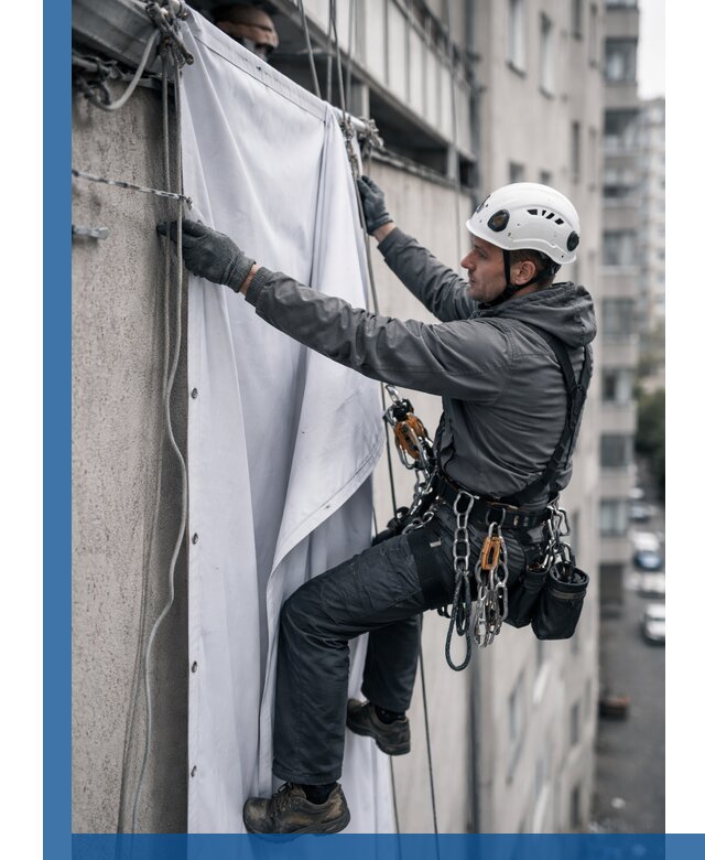Замена баннерного полотна промышленными альпинистами в Кстове