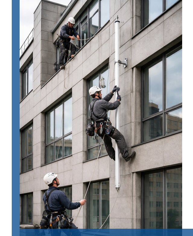 Монтаж флагштока на фасаде здания с креплением и герметикой в Кстове