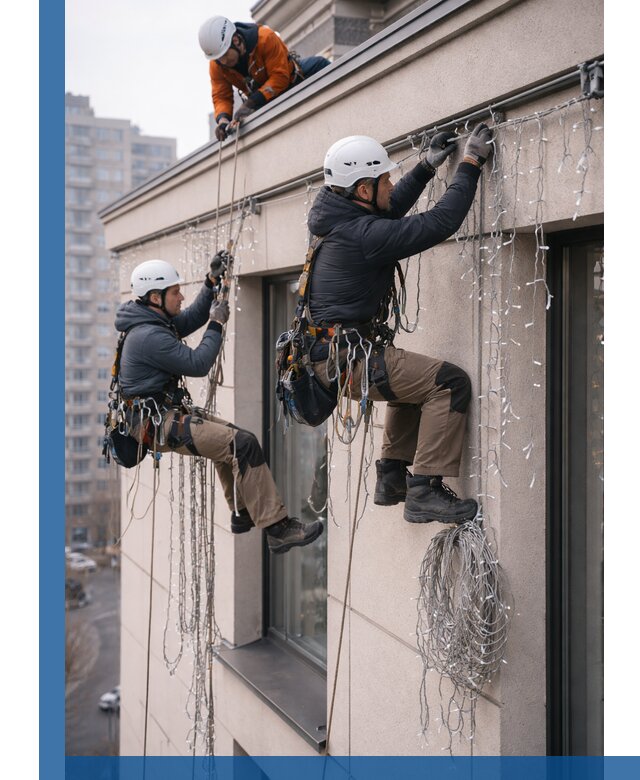 Монтаж праздничных гирлянд на фасаде в Кстове для зданий