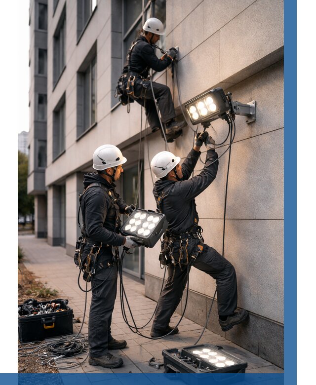 Монтаж прожекторов на фасаде в Кстове от 7638 р. | ВЫСОТНИК-Ксв