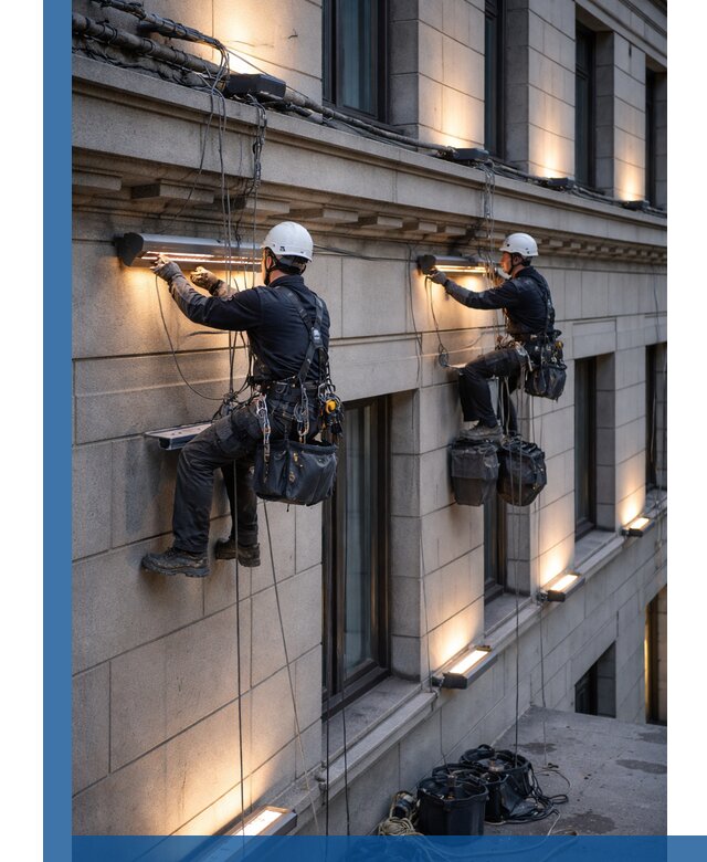 Монтаж архитектурной подсветки фасадов зданий в Кстове