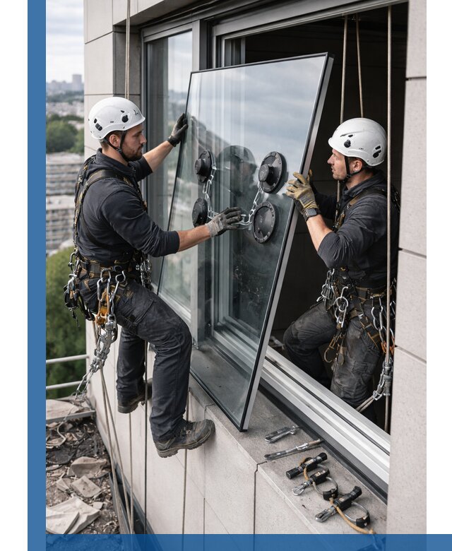 Замена стеклопакетов на высоте с промышленными альпинистами в Кстове