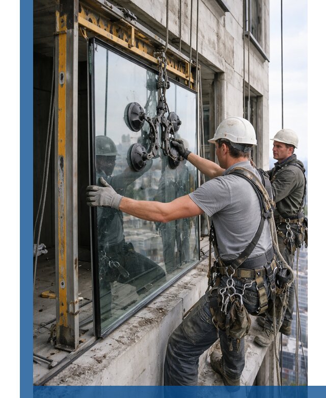 Монтаж стеклопакетов на высоте в Кстове с промышленным альпинизмом