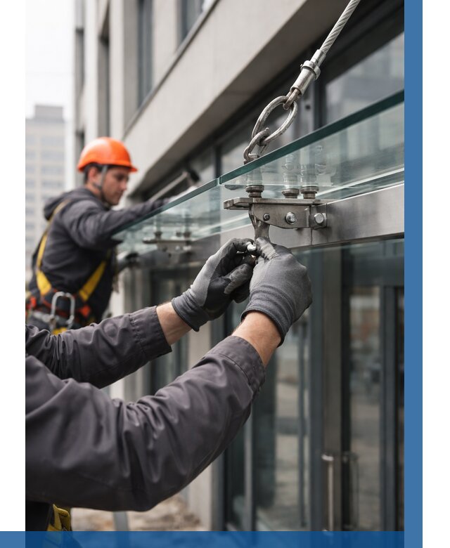 Монтаж стеклянных козырьков в Кстове от 8656 р. | ВЫСОТНИК-Ксв