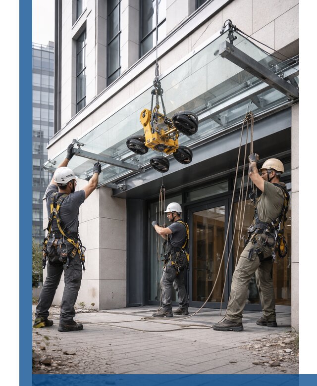 Монтаж стеклянных козырьков под ключ в Кстове для зданий