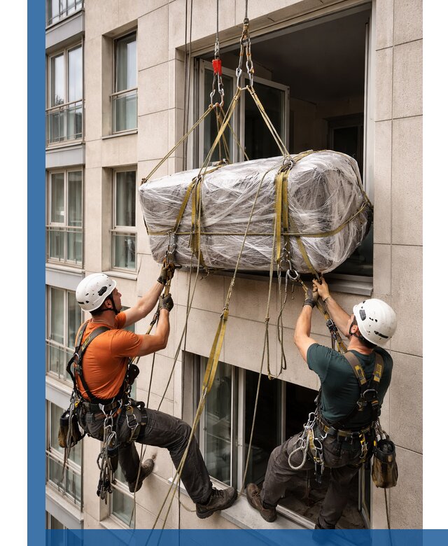 Подъем грузов через окно в Кстове промышленными альпинистами