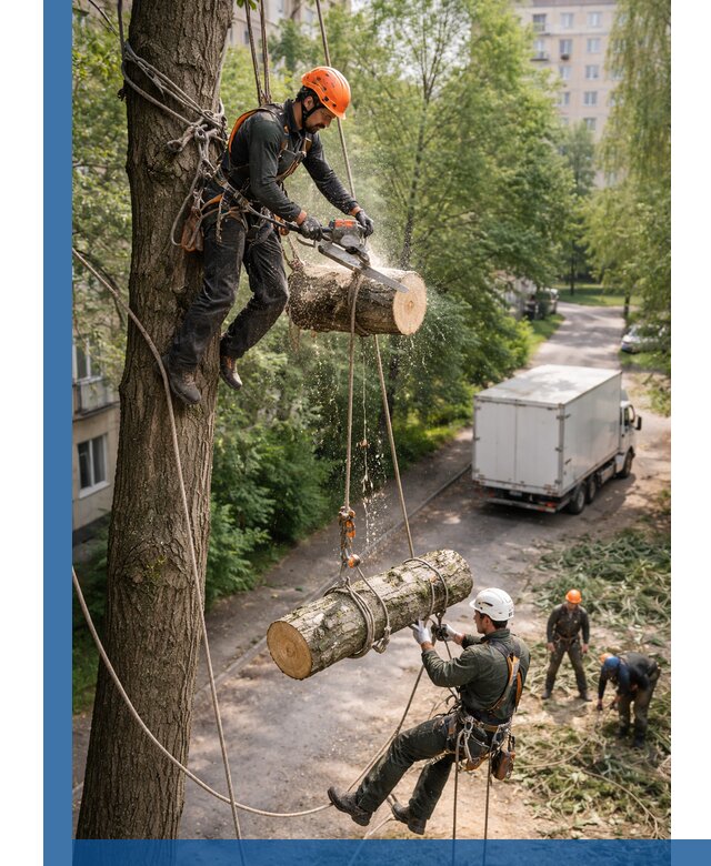 Спил деревьев альпинистами в Кстове, безопасно и без повреждений