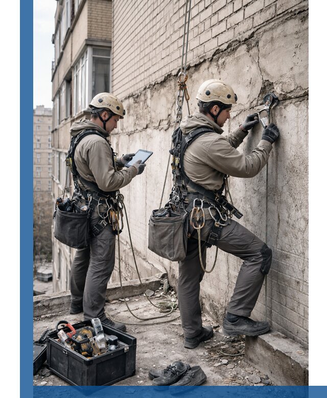 Обследование фасада промышленными альпинистами в Кстове